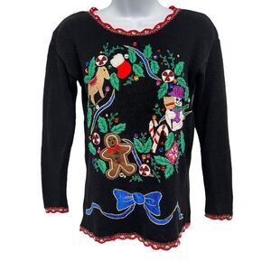 Vintage Embellished Embroidered Knit Santa's Club Beaded Christmas Sweater Top
